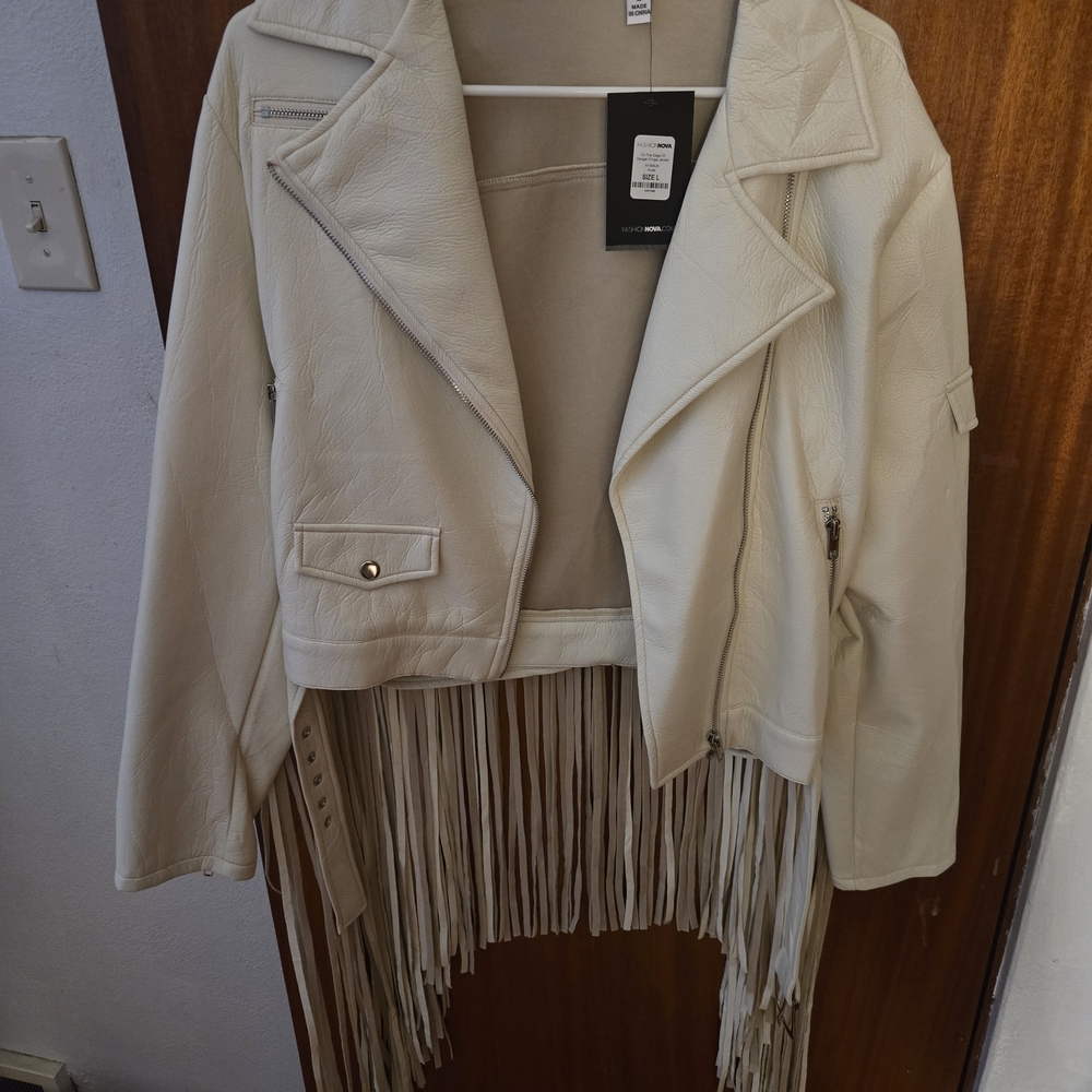 Cream Fringe Leather Jacket